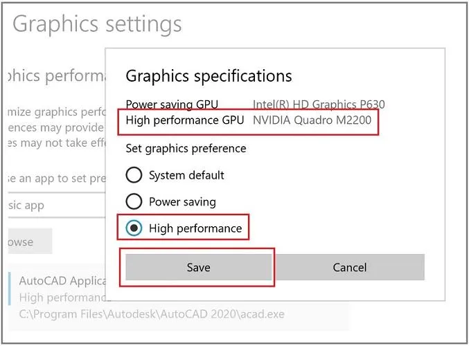 Windows Graphics settings showing app-level GPU selection