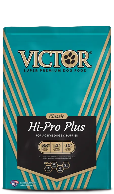 VICTOR Hi-Pro Plus 5lb kibble packaging showing high-protein formula for dogs
