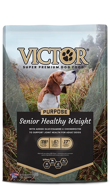 Canned dry dog food bag showing VICTOR Senior Healthy Weight formula for older dogs