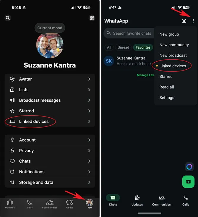 WhatsApp iOS on the left with the You button pointed out, and the Linked Devices circled in red. Android app on the right with the triple dots for the menu button pointed out, and the Linked Devices circled in red
