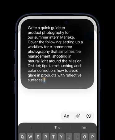 iPhone screen showing detailed typed prompt for Write with Siri to create a draft