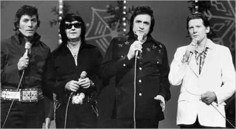 Roy Orbison performing alongside Johnny Cash, Jerry Lee Lewis, and Carl Perkins during the Sun Records reunion era