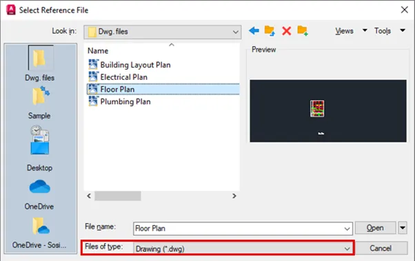 Selecting DWG file for external reference attachment in AutoCAD