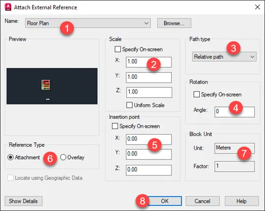 AutoCAD Xref attachment settings dialog for controlling scale and path type