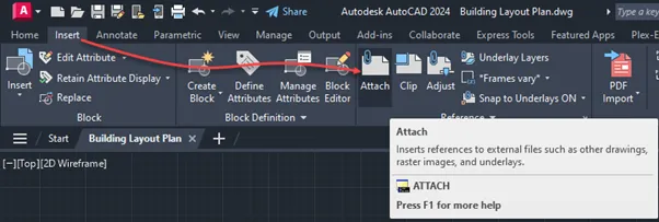 Accessing Attach command in AutoCAD Insert tab for Xref workflow