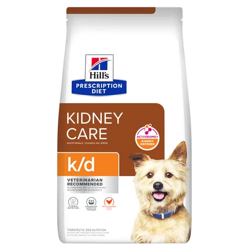 Hill’s Prescription Diet k/d Chicken Dog Food packshot showing dry kibble formula for kidney support