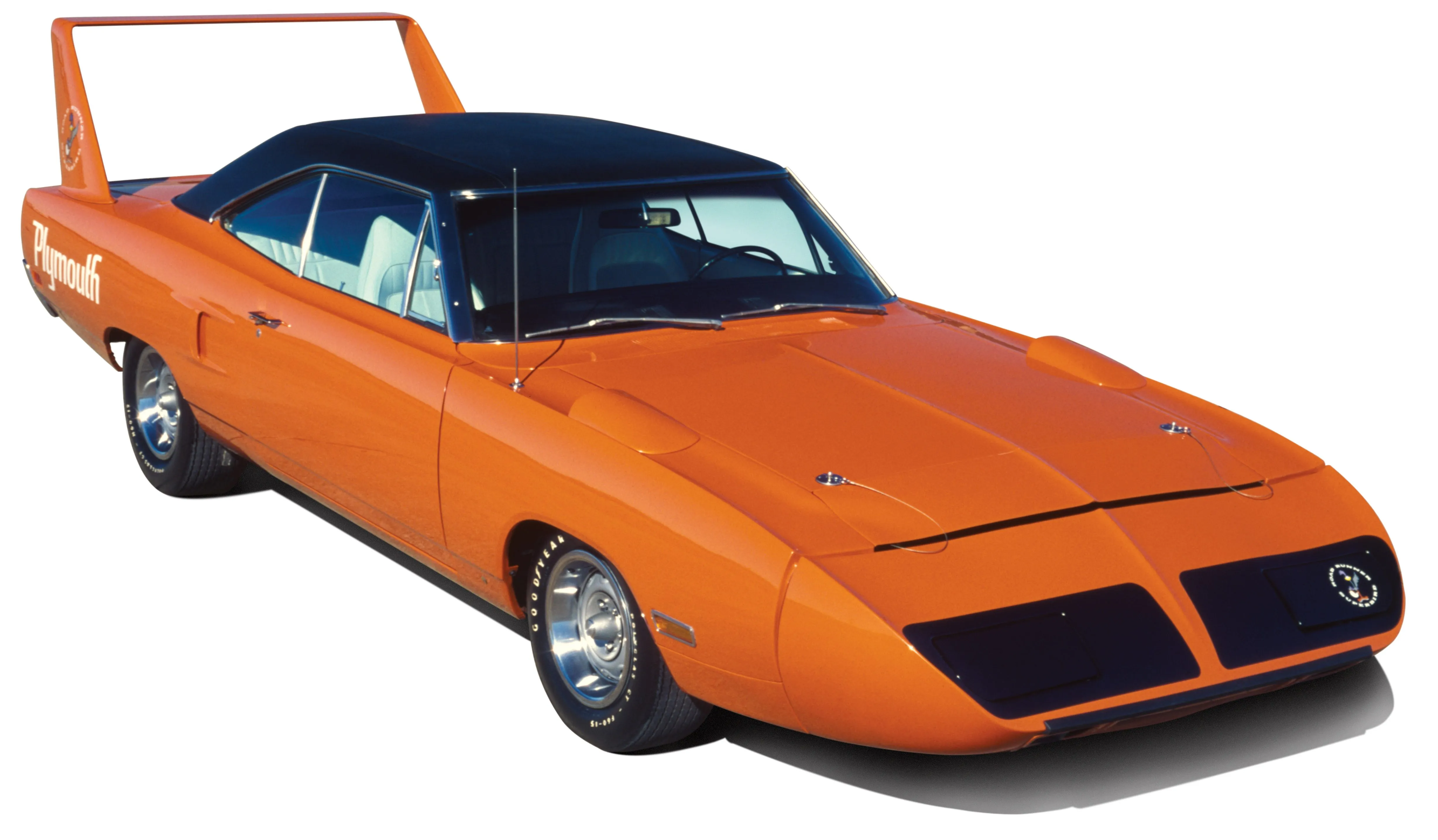 1970 Plymouth Superbird parts car with damaged nosecone at a Wisconsin dealership