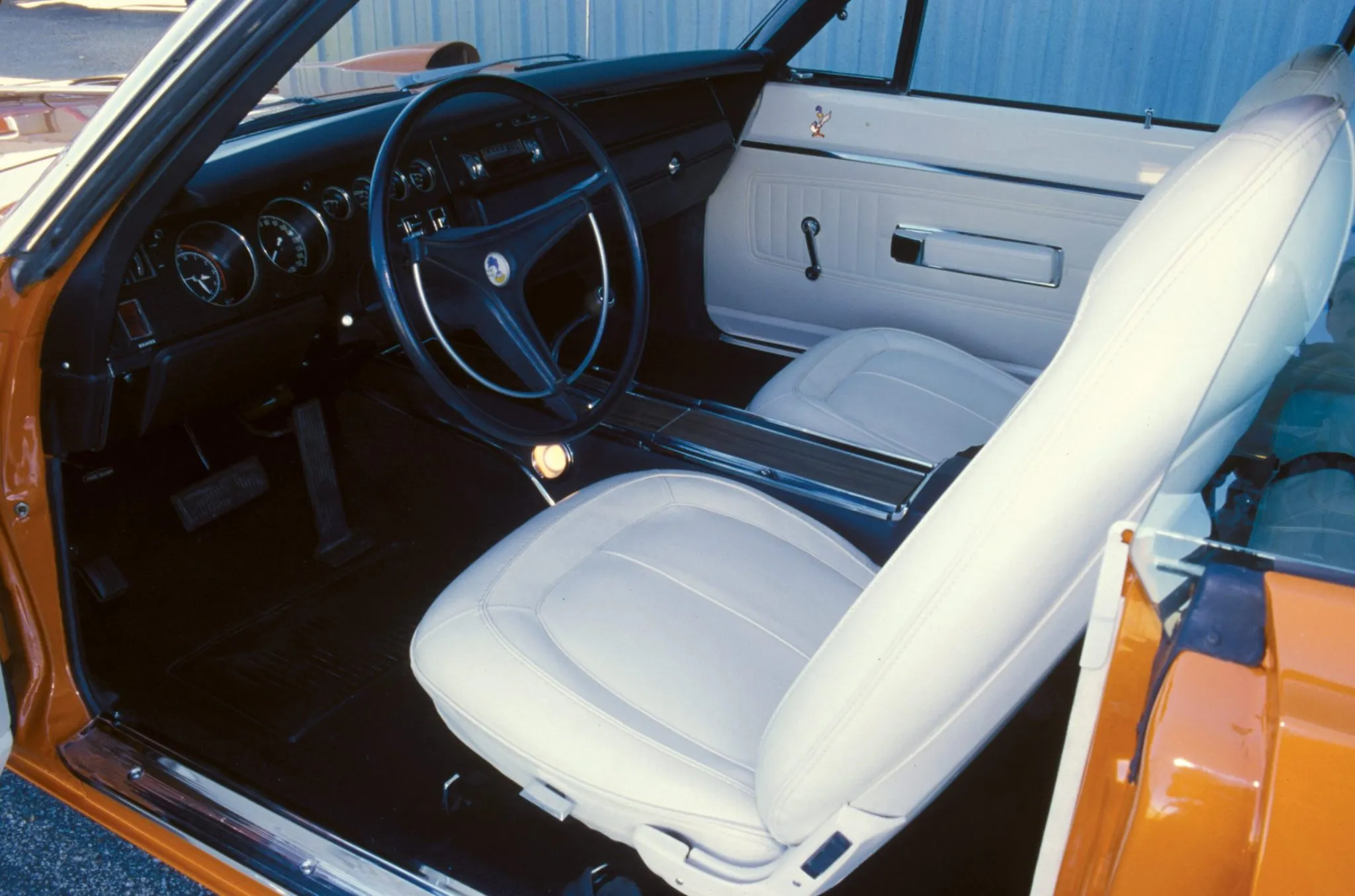 Pristine white interior of a low-mileage 1970 Plymouth Superbird