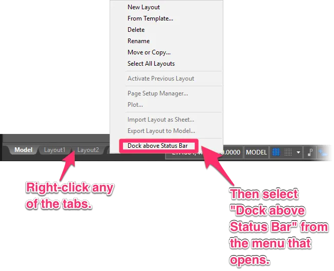 AutoCAD dock option for Model and Layout tabs above Status Bar