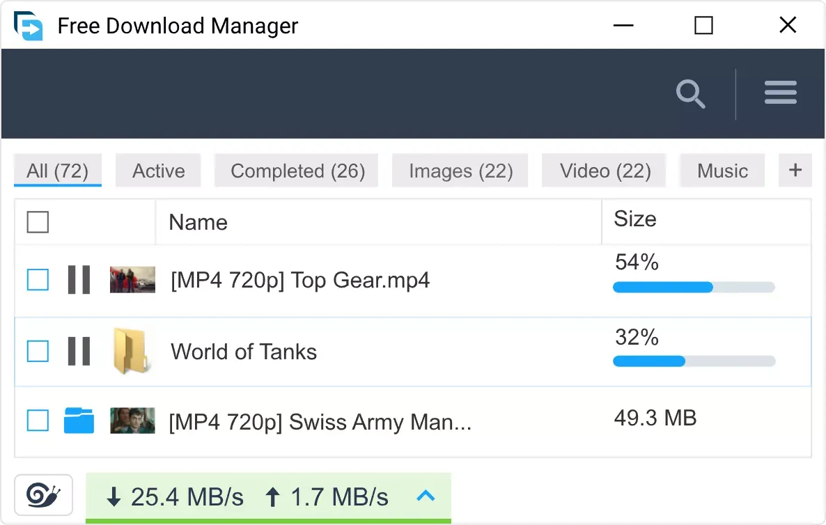 Free Download Manager interface showing download progress and file management options