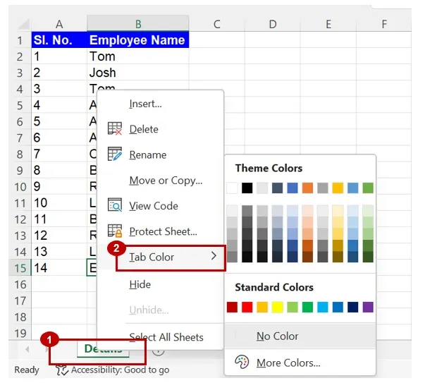 Excel worksheet tab color menu opened from right-click