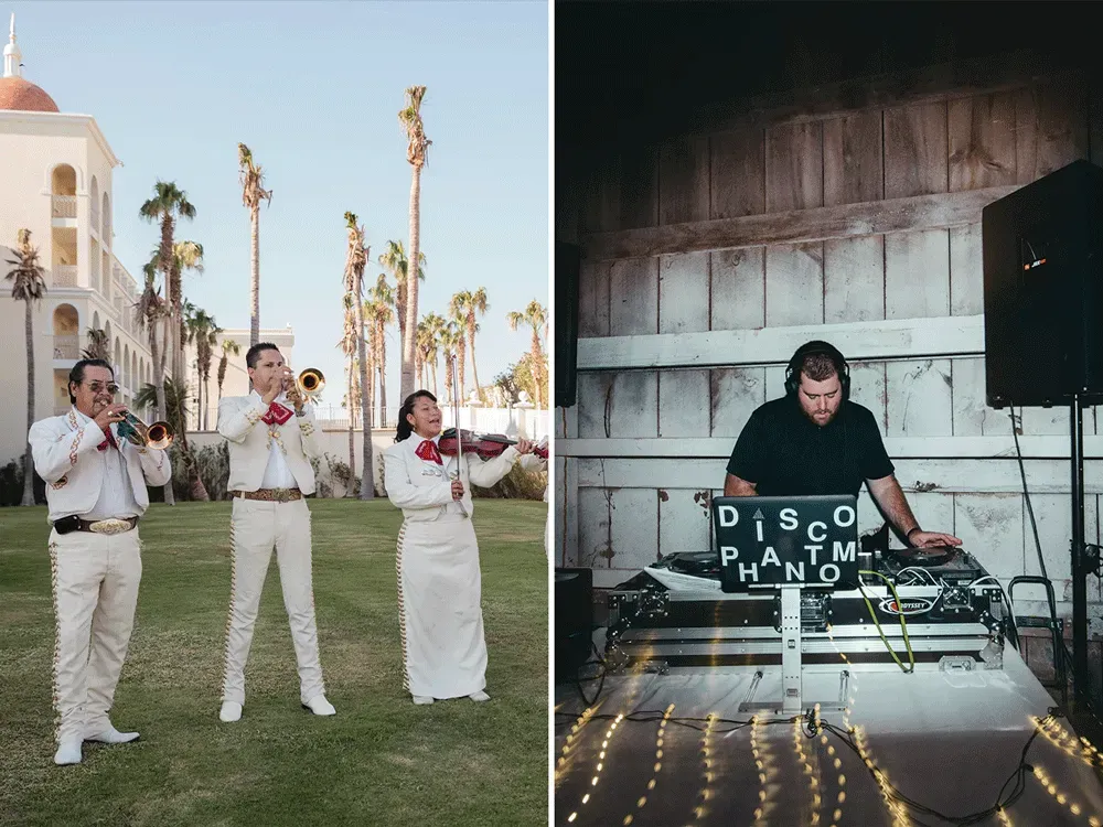 Wedding band performing alongside a DJ setup, illustrating live music and DJ entertainment options