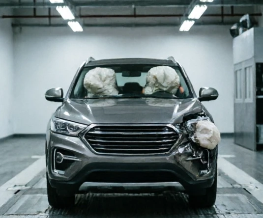 Frontal offset crash test of a 5-star rated SUV showing controlled deformation and airbag deployment