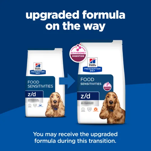 Hill's Prescription Diet z/d Hydrolyzed Chicken Flavor Dog Food packaging transition showing bag design