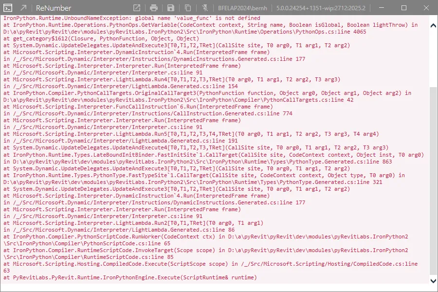 Renumber tool error message displayed in Revit 2025 during pyRevit testing