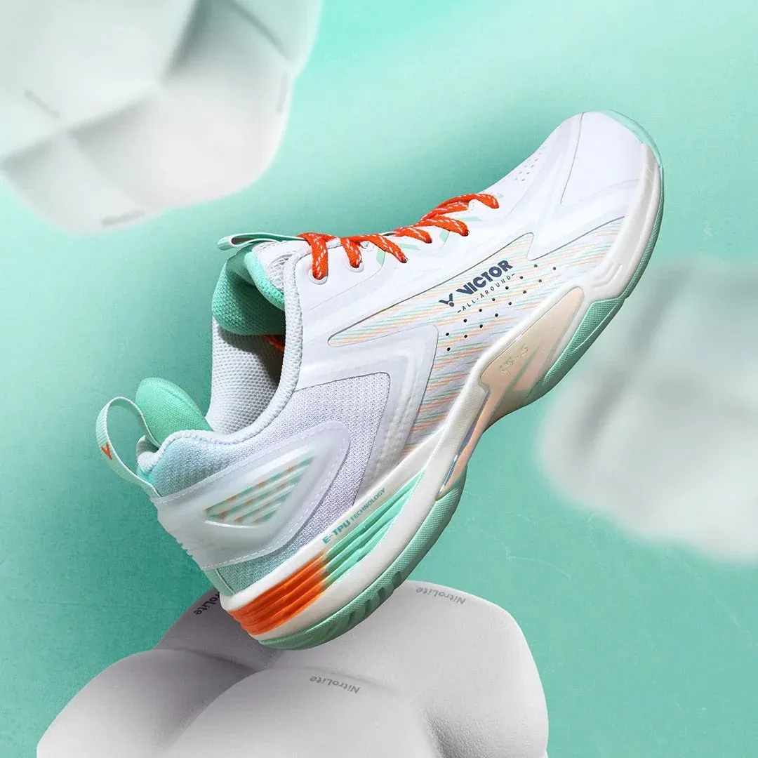 Close-up view of Victor badminton shoe sole technology and grip pattern