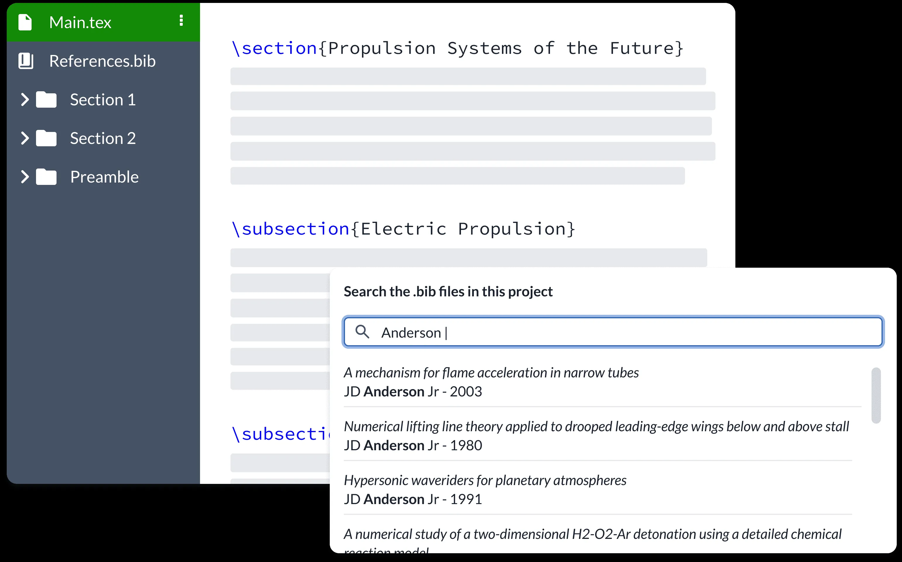 Interface demonstrating advanced bibliography and reference search across a LaTeX project's .bib files