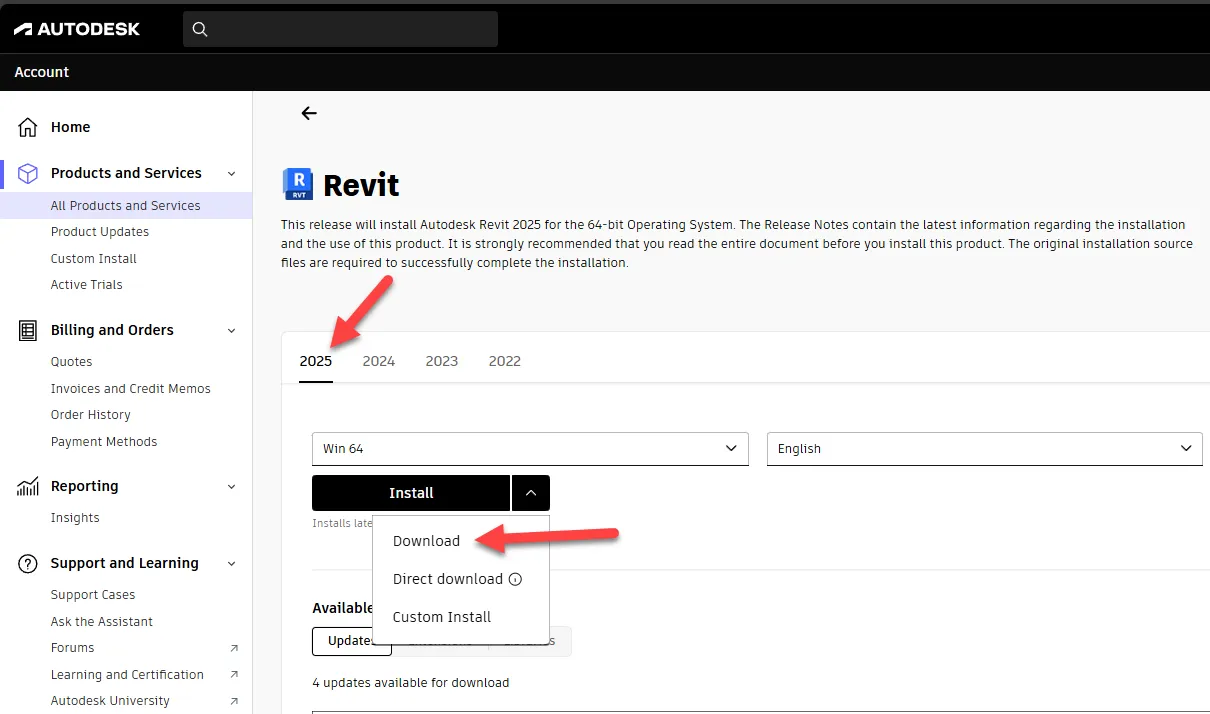 Selecting the Download option instead of Install for Revit installation files