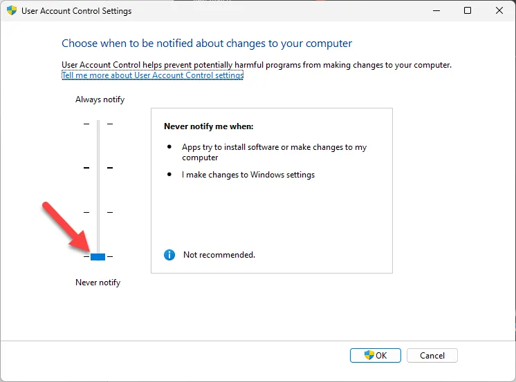 Adjusting the User Account Control slider to the lowest setting in Windows