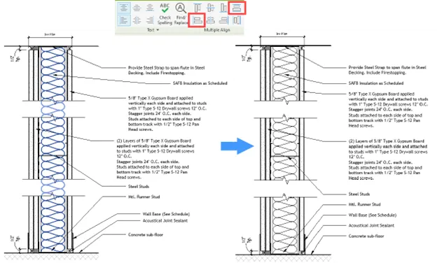 Text, tags, and keynotes aligned and evenly distributed using the Multiple Align tool
