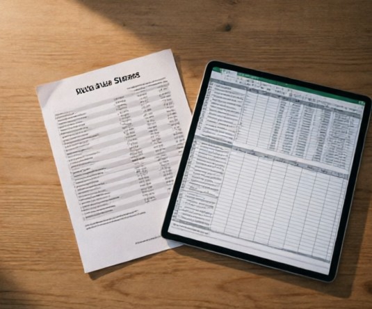 Detailed automotive sales report documents and market share spreadsheets laid out neatly on a clean executive workspace