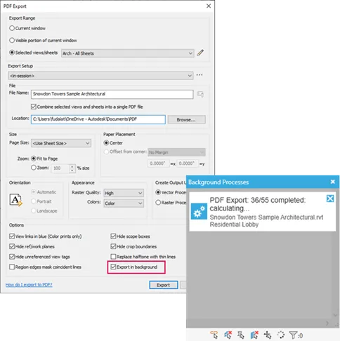 Background PDF export option running while continuing to work in Revit