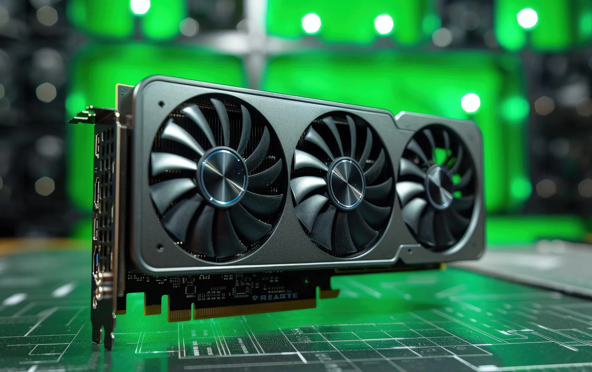 Dedicated graphics card with cooling fans mounted inside a desktop tower