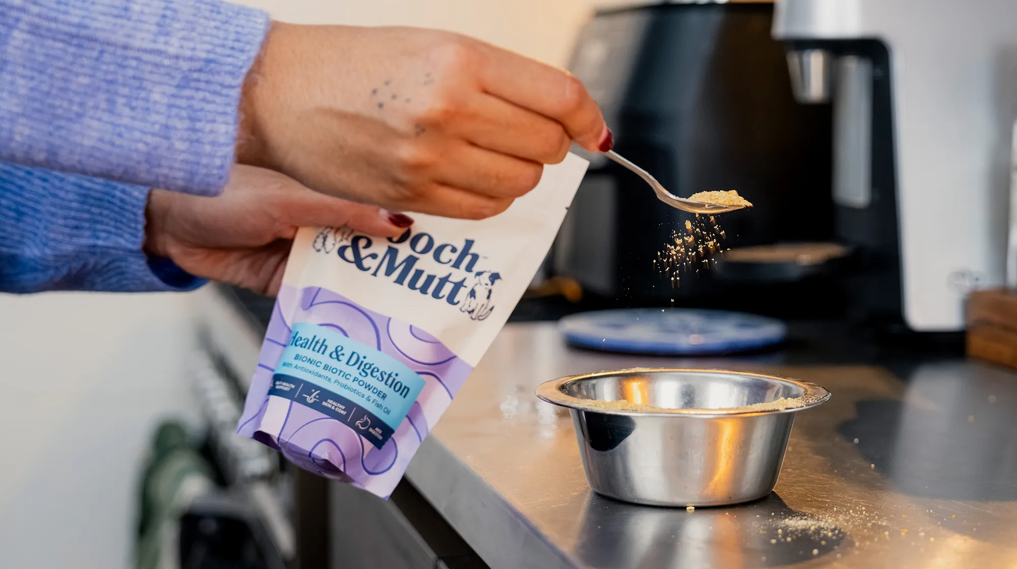 A dog owner sprinkles digestive health supplement powder onto a bowl of dog food