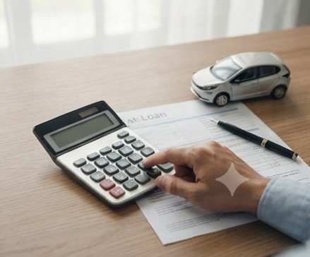 Person calculating monthly car loan EMI using a calculator and printed loan documents