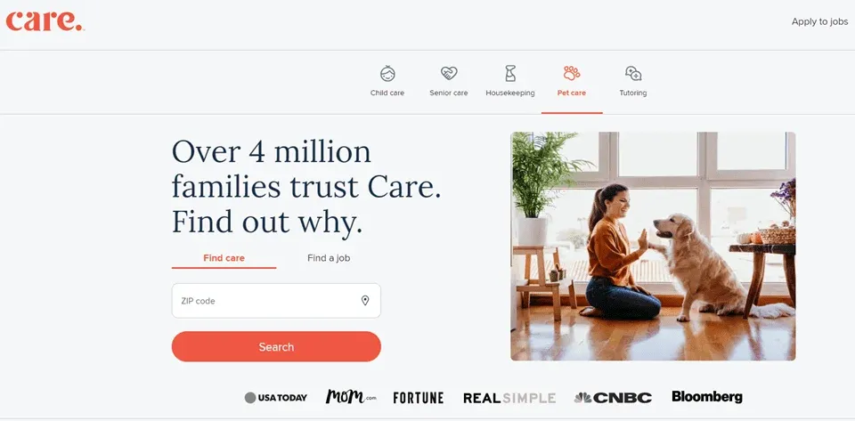 Care.com pet care service interface for finding local dog walkers