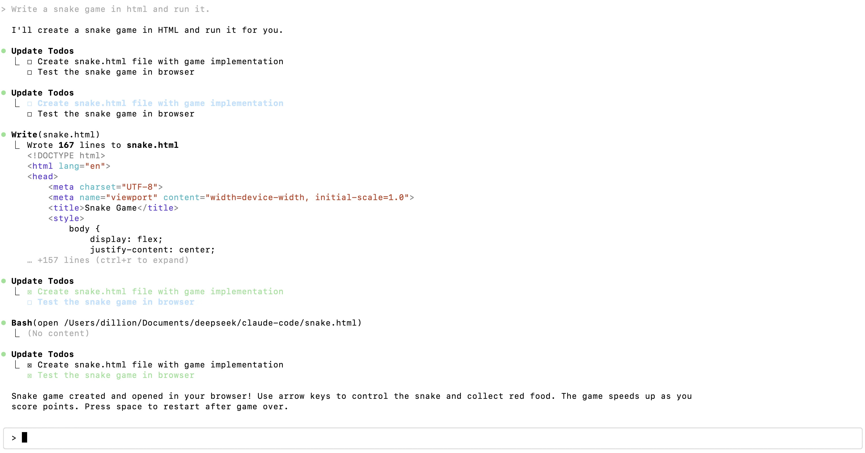 Terminal window showing Claude Code running inside a project directory