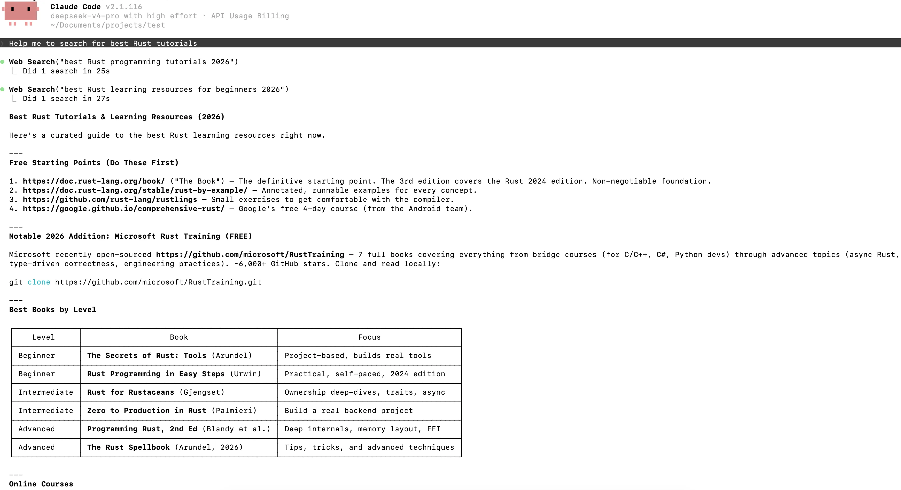 Claude Code terminal output demonstrating an automatic web search tool call triggered by a user query