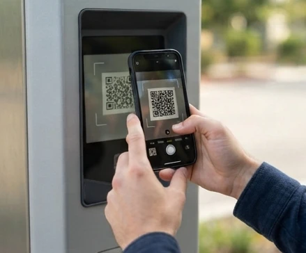 Driver using a smartphone to scan a QR code on an electric vehicle charging station to initiate payment