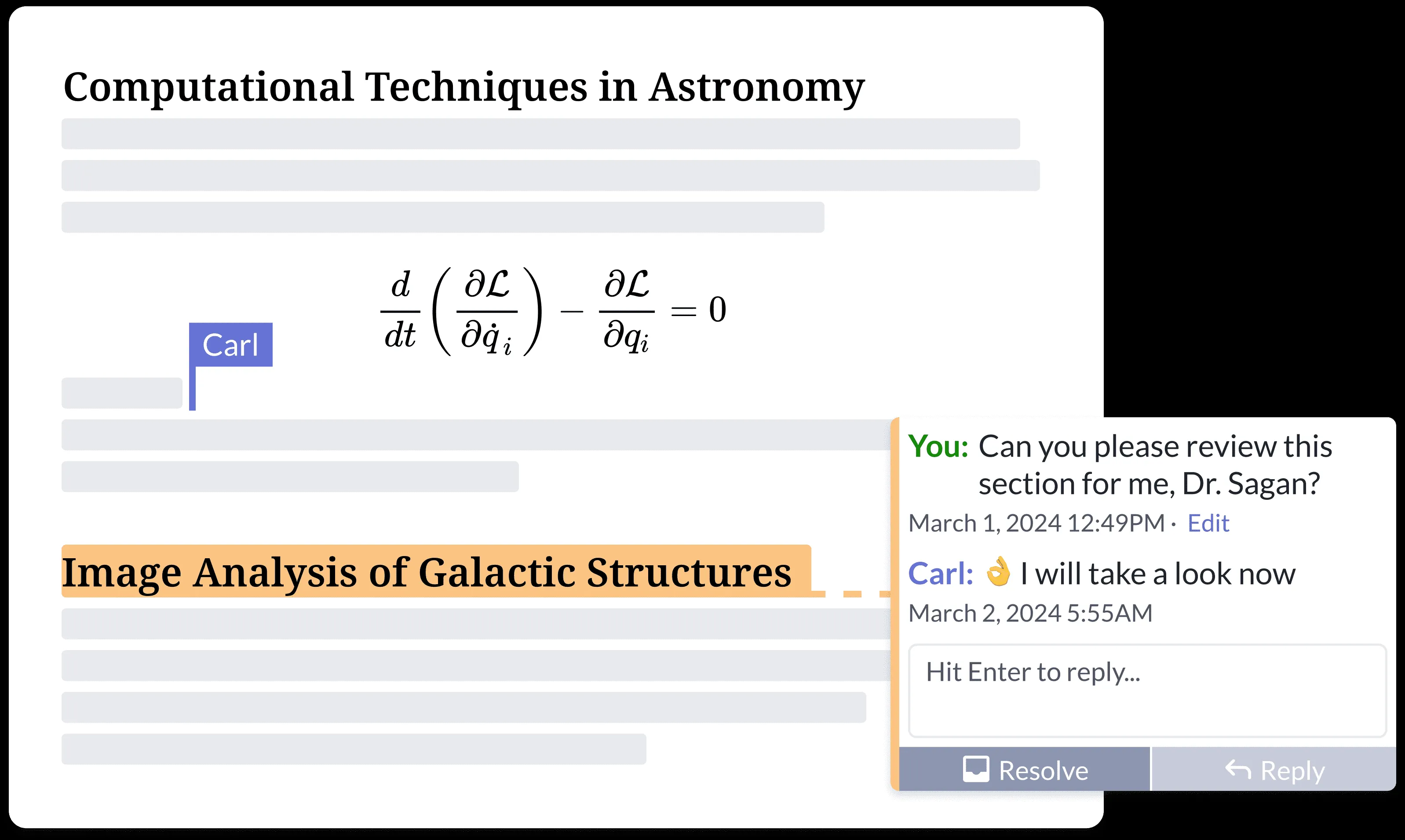 Screenshot showing collaborative editing and inline commenting features in a LaTeX document