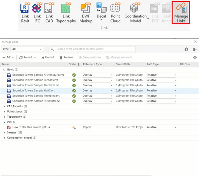 Manage Links window for linked objects