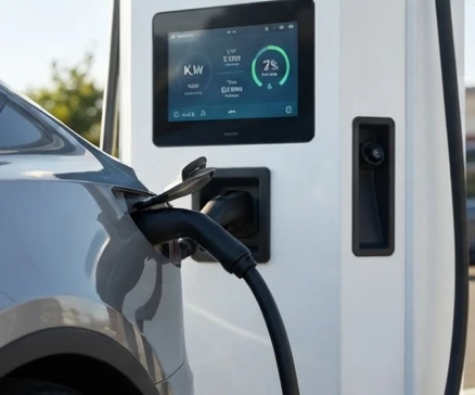 Driver monitoring the digital display screen of a high-power DC fast charging unit during a session