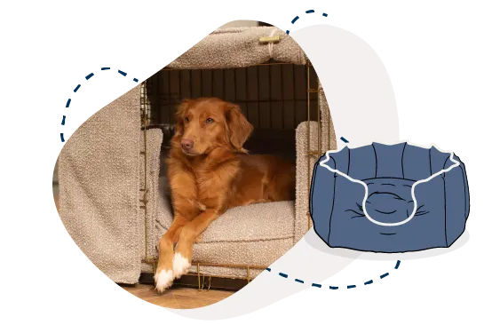 Elegant dog crate setup with a fitted decorative cover in a cozy indoor home environment