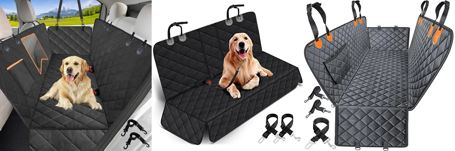 Dog car seat blanket covering the entire back seat of a vehicle