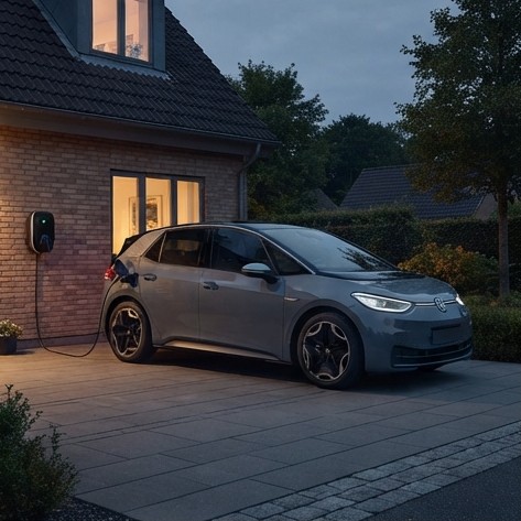 Electric hatchback plugged into a home AC wallbox charger overnight in a residential driveway