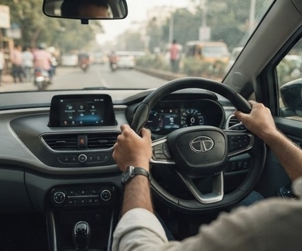 Driver accelerating an electric hatchback through city traffic with hands on the steering wheel