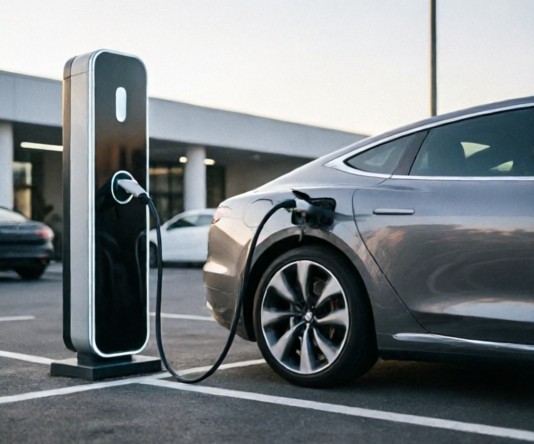 Luxury electric vehicle plugged into a high-speed charging station in an upscale urban parking facility