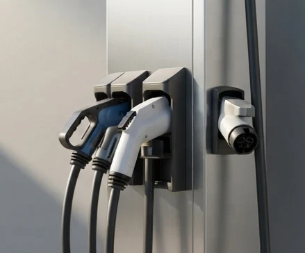 Close-up of various EV charging cables and connectors including CCS and NACS standards on a pedestal