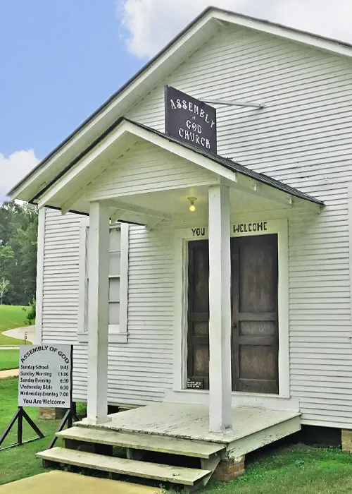 Historic wooden church where the Presley family worshipped during Elvis' childhood