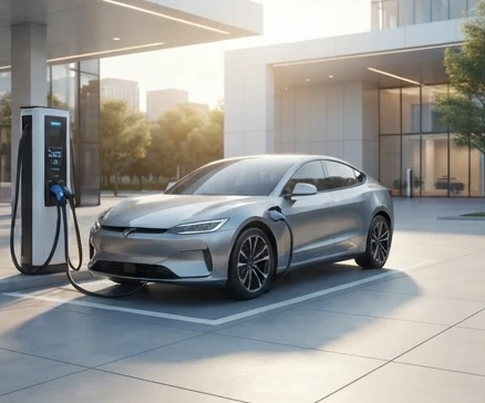 An electric vehicle plugged into a modern public DC fast charging station in a clean urban setting