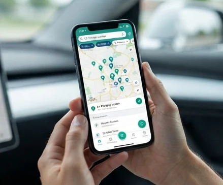Smartphone screen displaying a live map of electric vehicle charging stations with filter options and availability status