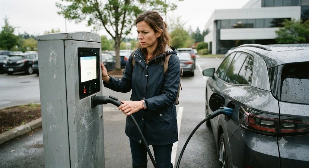 A driver checking a public EV charging station interface and looking at troubleshooting information