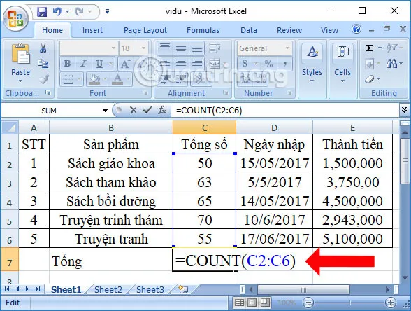 Excel formula bar showing the COUNT function formula being entered into a cell