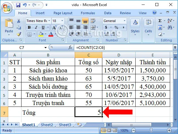 Excel cell displaying the result of the COUNT formula as the number five