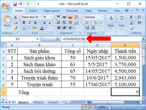 Excel worksheet showing the COUNT function applied to a different column of numeric data