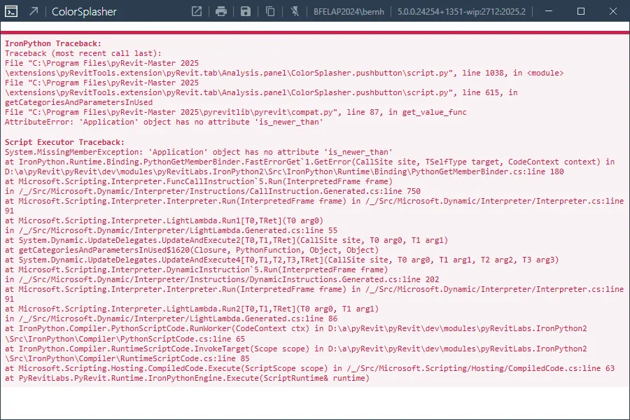 Splasher tool compatibility error appearing in Revit 2025 after pyRevit installation